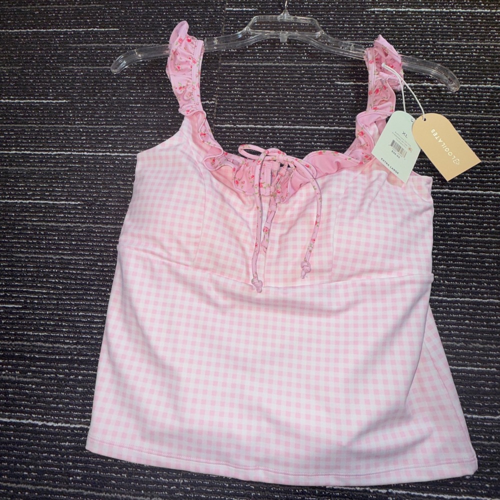 Blogilates Ruffle Lace Up Tank Womens XL Pink Gingham New Floral Cottagecore